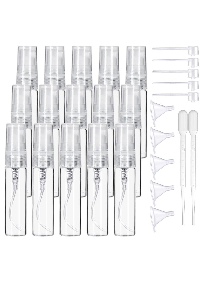 Home zone 15pcs Empty Mini Glass Spray Bottles with 5 Funnels, 5 Perfume Dispensers and 2 Refillable Droppers for Travel, Essential Oils, Perfume (5ml)  - Image 1