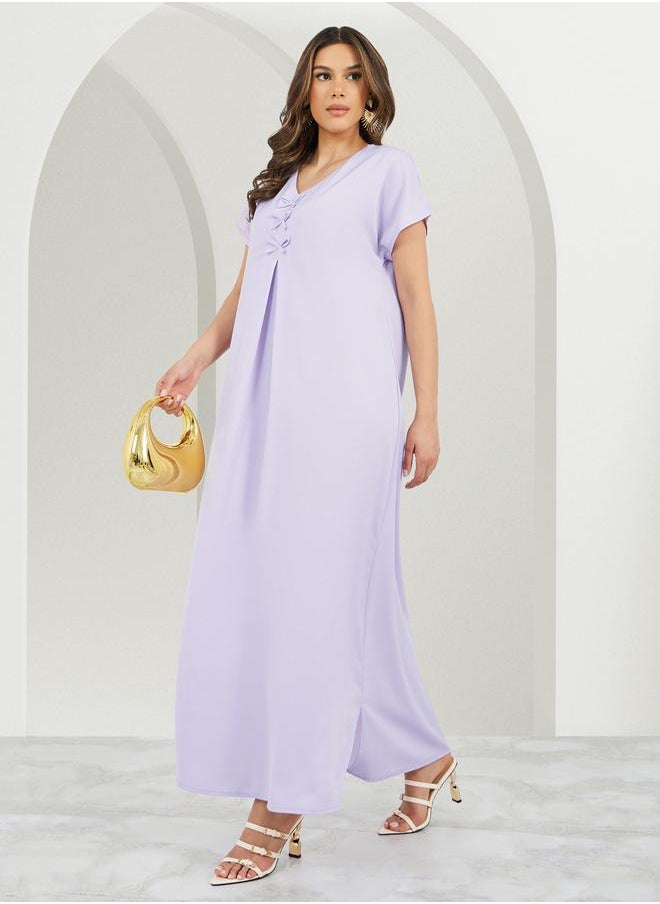 Styli - Solid V Neck Jalabyia with Bow Detail - Image 1