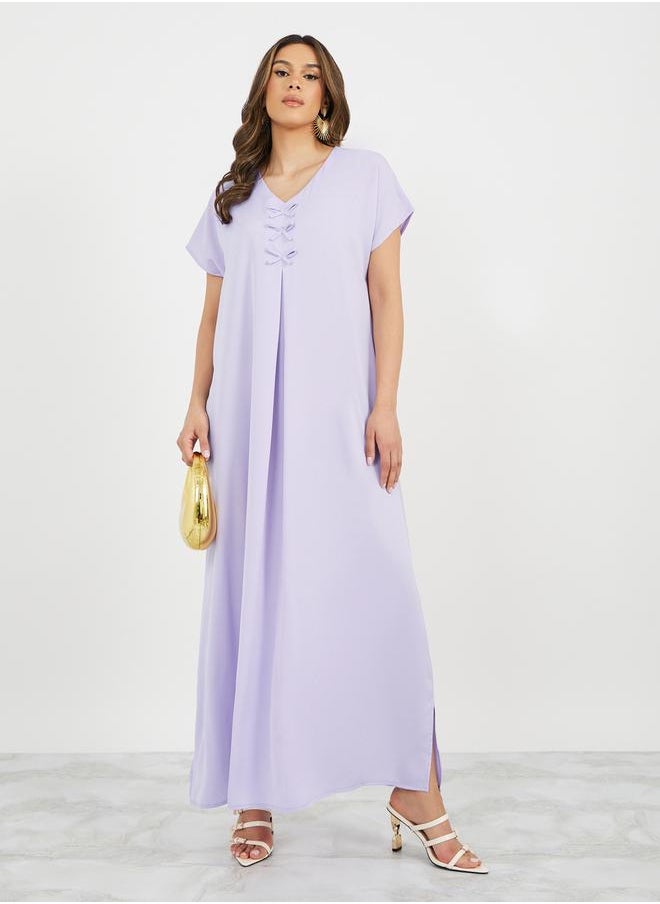 Styli - Solid V Neck Jalabyia with Bow Detail - Image 1