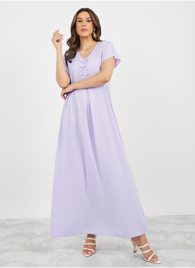 Styli - Solid V Neck Jalabyia with Bow Detail - Image 1