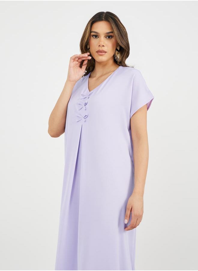 Styli - Solid V Neck Jalabyia with Bow Detail - Image 1