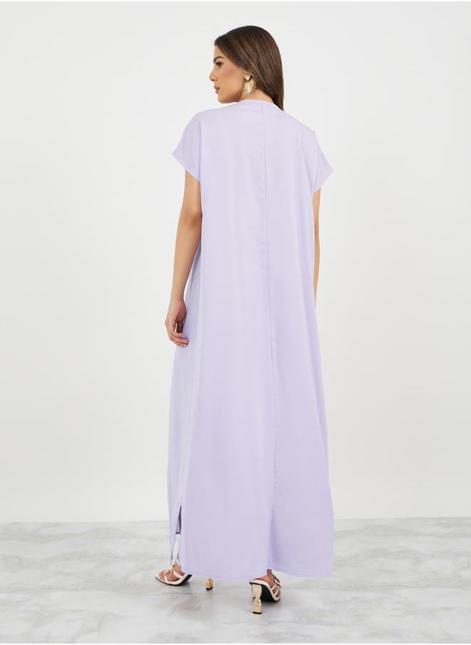 Styli - Solid V Neck Jalabyia with Bow Detail - Image 1