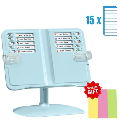 Jukusa Kids Schedule Board with Reading Stand, Adjustable Desktop Book Holder, Blue Book Reading Stand with Stickers, 15 Task Cards with Sticky Note - Image 2