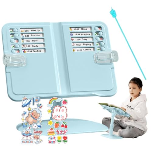 Jukusa Kids Schedule Board with Reading Stand, Adjustable Desktop Book Holder, Blue Book Reading Stand with Stickers, 15 Task Cards with Sticky Note - Image 1