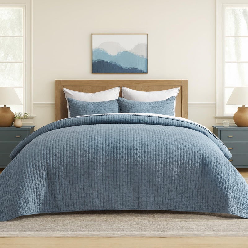 EVERGRACEHOME EVERGRACE x Kinsey Walsh Cross Stitch Pre-Washed Cotton Quilt Bedding Set King Size, Oversized 3 Pieces Lightweight Bedspread Coverlet for All Season, with 2 Matching Shams, Dusty Blue, 118"x106" - Image 1