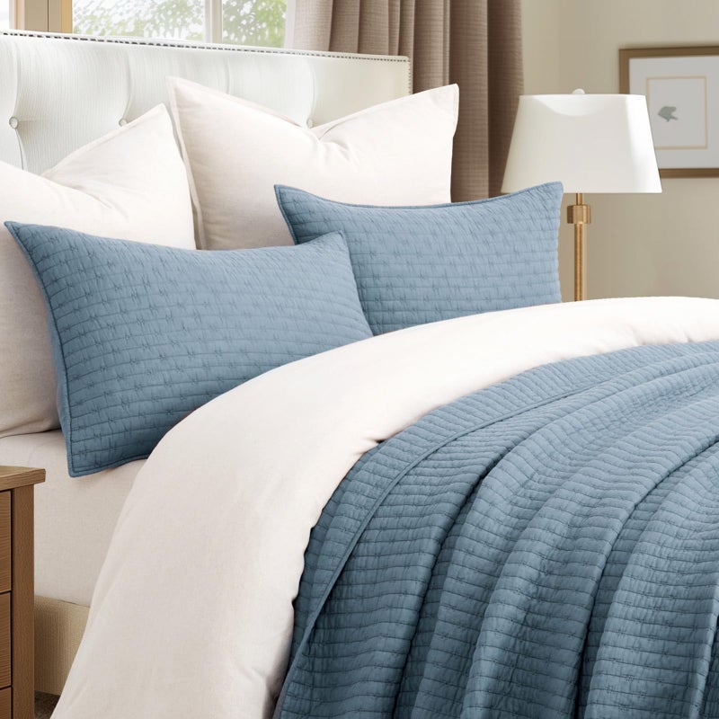 EVERGRACEHOME EVERGRACE x Kinsey Walsh Cross Stitch Pre-Washed Cotton Quilt Bedding Set King Size, Oversized 3 Pieces Lightweight Bedspread Coverlet for All Season, with 2 Matching Shams, Dusty Blue, 118"x106" - Image 2