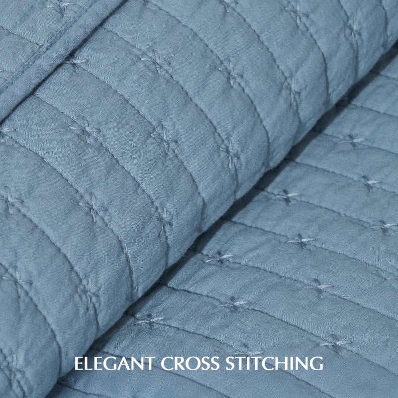 EVERGRACEHOME EVERGRACE x Kinsey Walsh Cross Stitch Pre-Washed Cotton Quilt Bedding Set King Size, Oversized 3 Pieces Lightweight Bedspread Coverlet for All Season, with 2 Matching Shams, Dusty Blue, 118"x106" - Image 4