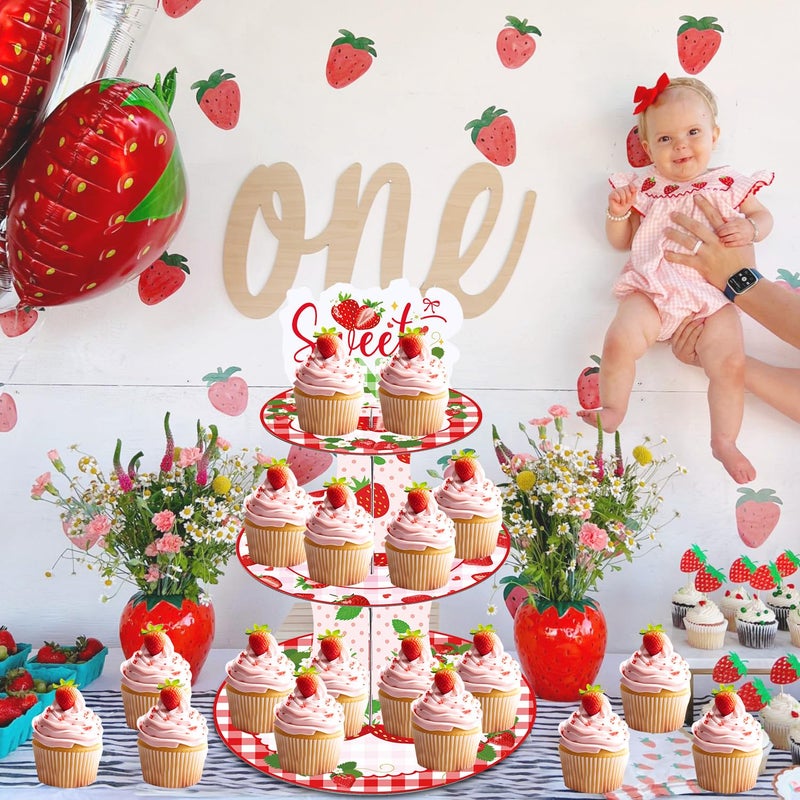 Keluna Strawberry Birthday Party Decorations - 3 Tier Berry First Cupcake Stand Reusable Party Supplies Dessert Tower Holder for Sweet One Birthday Baby Shower Girl - Image 5