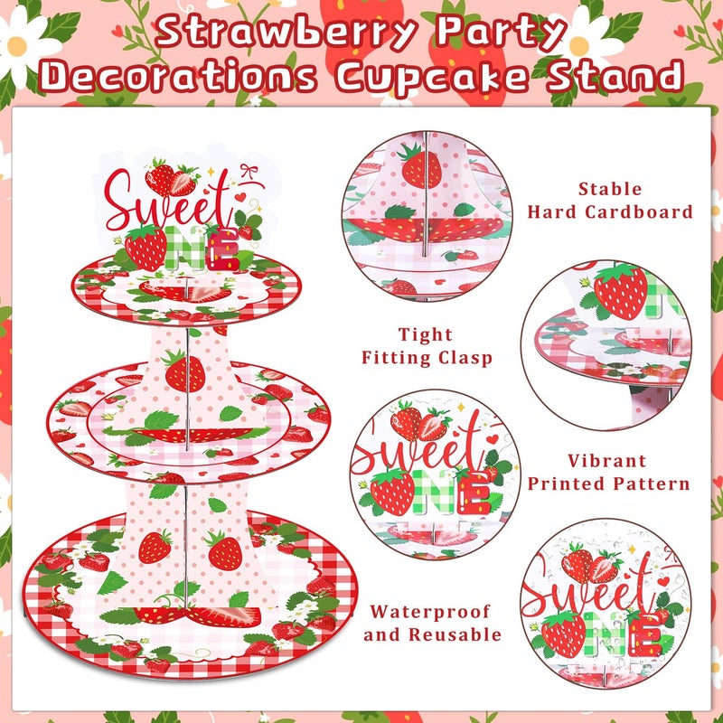 Keluna Strawberry Birthday Party Decorations - 3 Tier Berry First Cupcake Stand Reusable Party Supplies Dessert Tower Holder for Sweet One Birthday Baby Shower Girl - Image 3