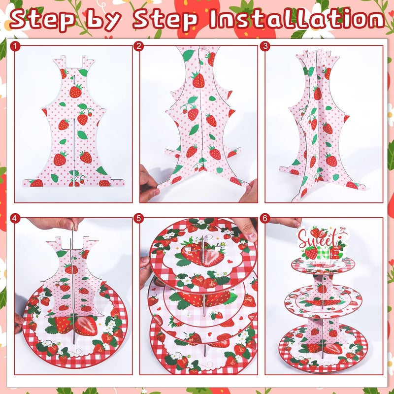 Keluna Strawberry Birthday Party Decorations - 3 Tier Berry First Cupcake Stand Reusable Party Supplies Dessert Tower Holder for Sweet One Birthday Baby Shower Girl - Image 4