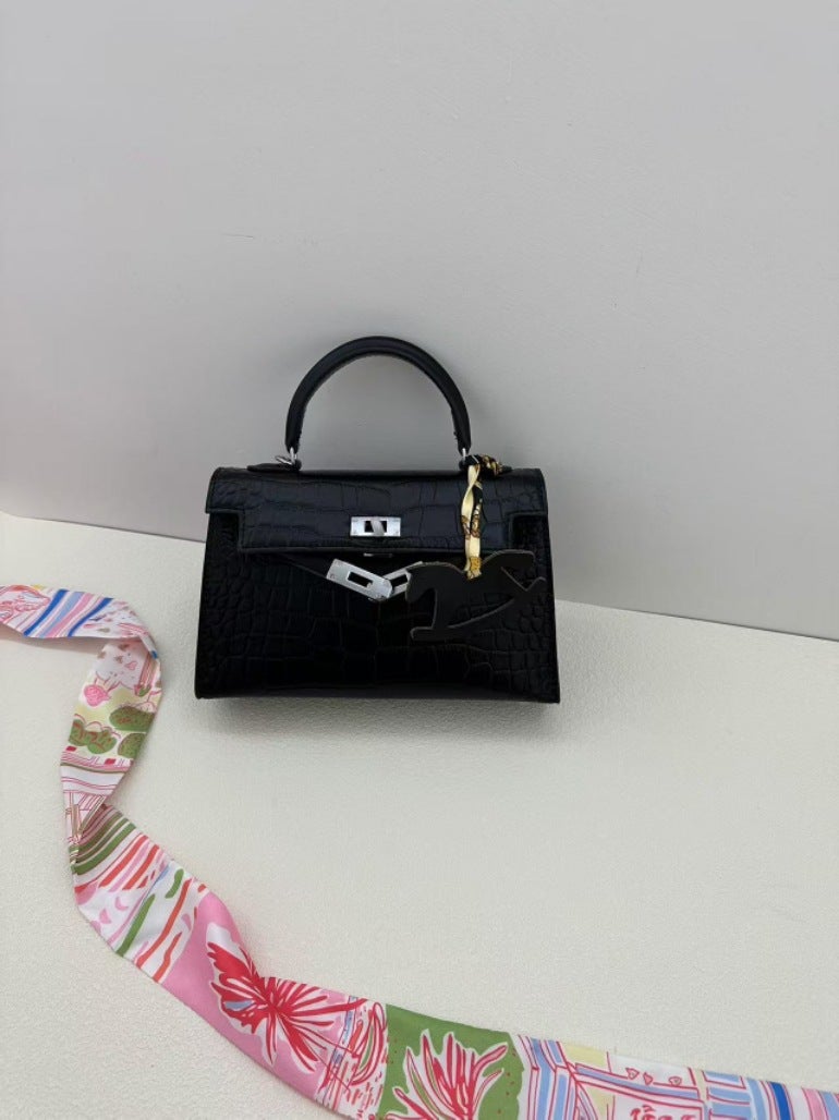 Crocodile pattern silver buckle Kelly bag 2024 European and American new classic fashion large capacity handbag shoulder bag messenger bag Gray trumpet - Image 5