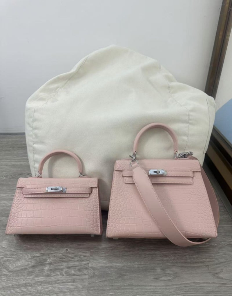 Crocodile pattern silver buckle Kelly bag 2024 European and American new classic fashion large capacity handbag shoulder bag messenger bag Gray trumpet - Image 3