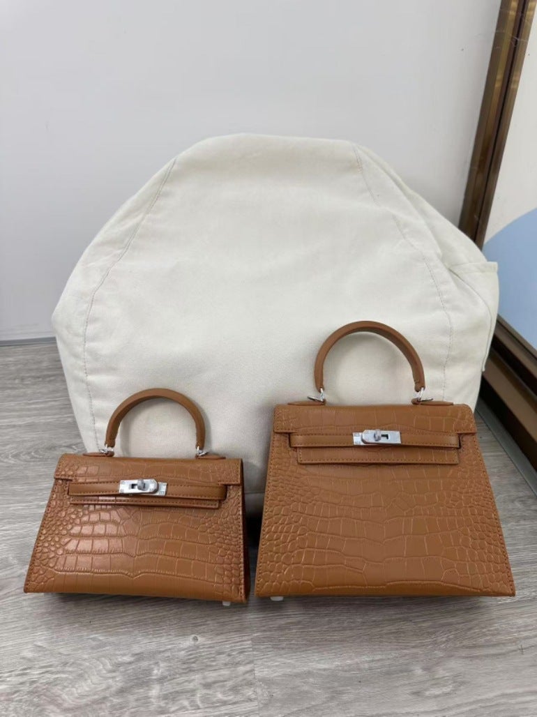 Crocodile pattern silver buckle Kelly bag 2024 European and American new classic fashion large capacity handbag shoulder bag messenger bag Gray trumpet - Image 2