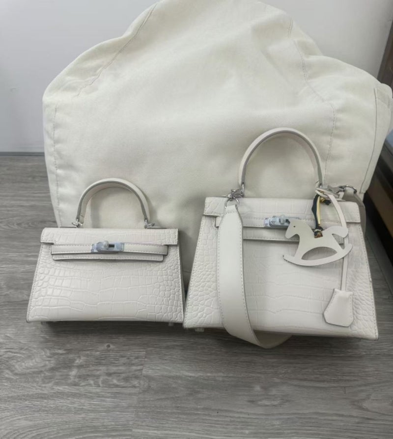 Crocodile pattern silver buckle Kelly bag 2024 European and American new classic fashion large capacity handbag shoulder bag messenger bag Gray trumpet - Image 4