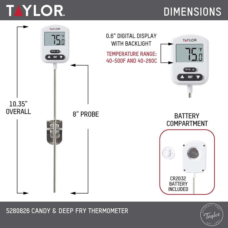 Taylor Programmable Digital Candy and Deep Fry Thermometer with Green Light Alert Display, Long Stem, and Adjustable Pan Clip, White - Image 3