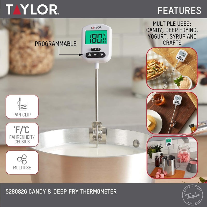 Taylor Programmable Digital Candy and Deep Fry Thermometer with Green Light Alert Display, Long Stem, and Adjustable Pan Clip, White - Image 2