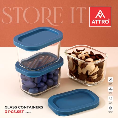 ATTRO حاويات تخزين زجاجية بوروسيليكات من ATTRO Glassox – 310 مل، مجموعة من 3، شفافة وقابلة للتكديس مع أغطية PE، آمنة للاستخدام في الميكروويف والثلاجة وغسالة الصحون، مثالية للمطبخ وبقايا الطعام - أزرق - Image 2