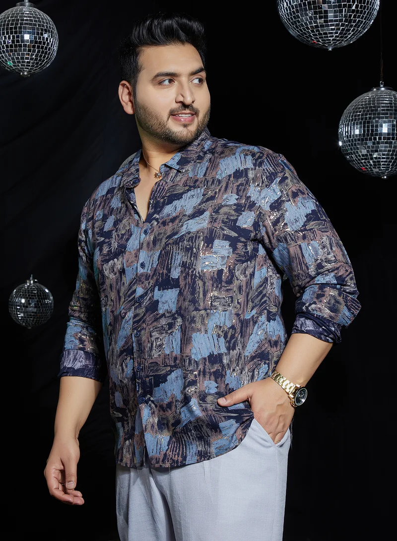 انستافاب بلس قميص رجالي Instafab Plus أسود وأزرق مطبوع بالفويل مقاس بلس