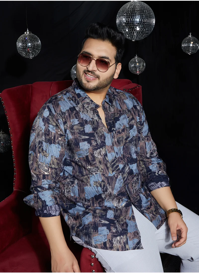 انستافاب بلس Instafab Plus Men's Black & Blue Foil-Impressions Regular Shirt For Casual Wear | Spread Collar | Long Cuffed Sleeves | Button Closure | Plus Size Shirt Crafted With Comfort Fit For Everyday Wear