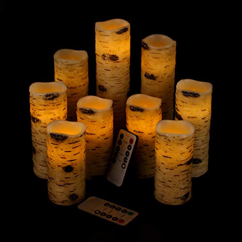 Vinkor Flameless Candles Battery Operated Candles Birch Effect 4" 5" 6" 7" 8" 9" Set of 9 Real Wax Pillar LED Candles with 10-Key Remote Control 2/4/6/8 Hours Timer - Image 1