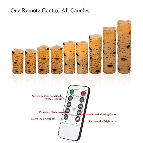 Vinkor Flameless Candles Battery Operated Candles Birch Effect 4" 5" 6" 7" 8" 9" Set of 9 Real Wax Pillar LED Candles with 10-Key Remote Control 2/4/6/8 Hours Timer - Image 5