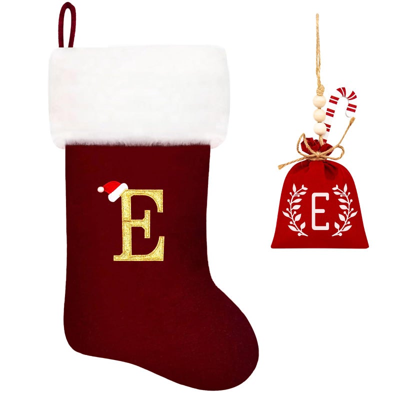 Eoocan 20 Inches Monogram Christmas Stockings Wine Red Velvet With White Super Soft Plush Cuff Embroidered Stocking Classic Personalized Stocking Decoration For Family Holiday Season Decor(Letter E) - Image 1