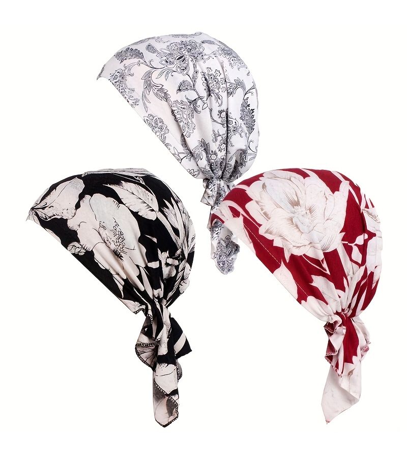 3 Pcs Printed Stretch Cotton Scarves Chemotherapy Shower Caps Black Wine Red - Image 2