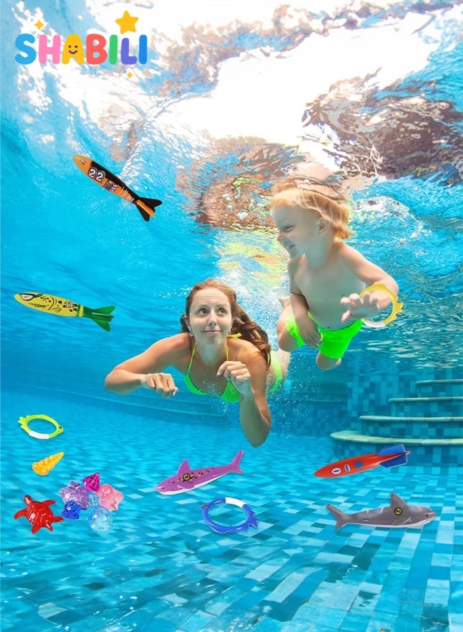 شبيلي مجموعة ألعاب الغوص للأطفال 20 قطعة – طوربيدات سمك القرش وحلقات غوص ومخلوقات بحرية غارقة مع حقيبة شبكية، ألعاب سباحة وماء ممتعة للأطفال من سن 4 إلى 12 عامًا، مثالية لحفلات المسبح الصيفية والشاطئ - Image 4