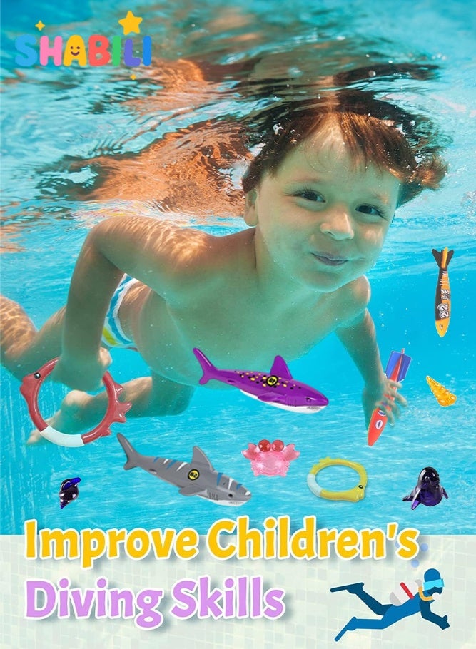 شبيلي مجموعة ألعاب الغوص للأطفال 20 قطعة – طوربيدات سمك القرش وحلقات غوص ومخلوقات بحرية غارقة مع حقيبة شبكية، ألعاب سباحة وماء ممتعة للأطفال من سن 4 إلى 12 عامًا، مثالية لحفلات المسبح الصيفية والشاطئ - Image 2