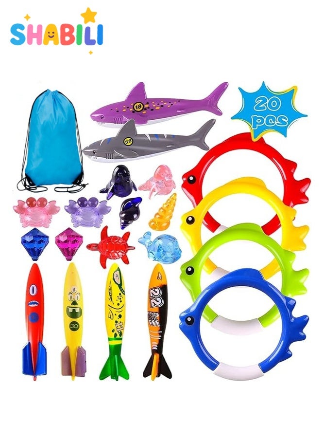 شبيلي مجموعة ألعاب الغوص للأطفال 20 قطعة – طوربيدات سمك القرش وحلقات غوص ومخلوقات بحرية غارقة مع حقيبة شبكية، ألعاب سباحة وماء ممتعة للأطفال من سن 4 إلى 12 عامًا، مثالية لحفلات المسبح الصيفية والشاطئ - Image 1
