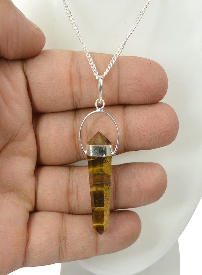 Crystu Natural Tiger Eye Pendant Double Terminated Crystal Stone Pendant Locket with Metal Chain for Size 45 mm - Image 3