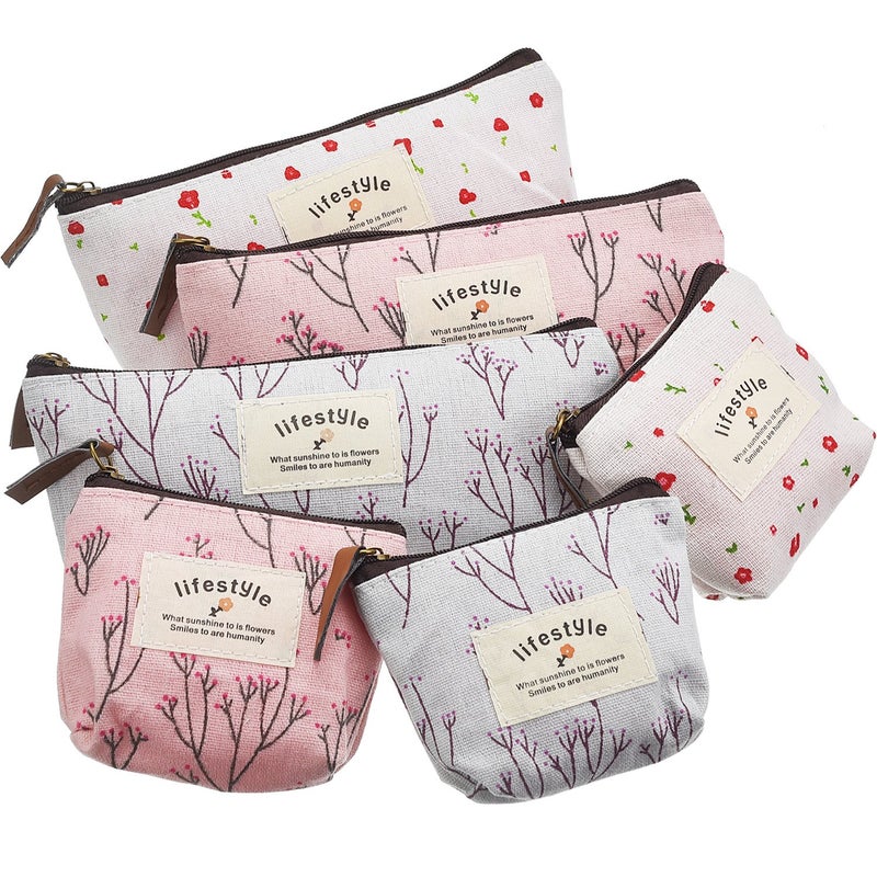 TecUnite Pack of 6 Pencil Case Countryside Flower Cosmetic Makeup Bag Cute Floral Canvas Zipper Pencil Pen Cases Multifunctional Fabric Cosmetic Makeup Bag
