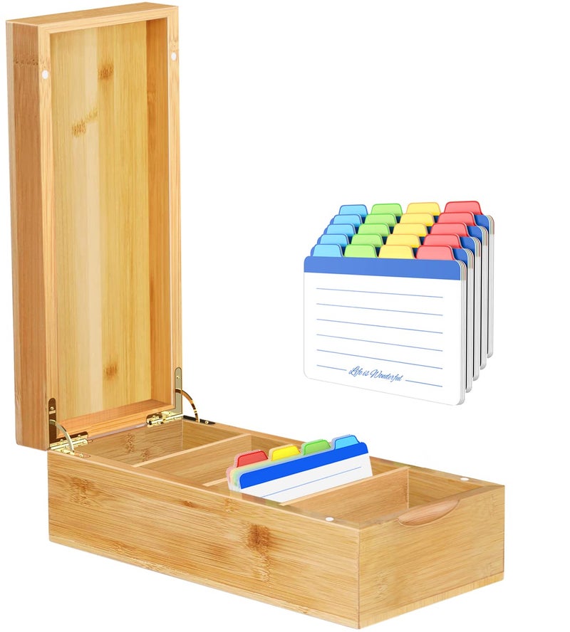 Neando Bamboo Business Card Organizer for 2x3.5 Cards â€“ 600-Card Capacity Wooden Holder with Lid, 4 Compartments, Includes 20 Thick Index Cards â€“ Natural Mini Card Filing Box - Image 1
