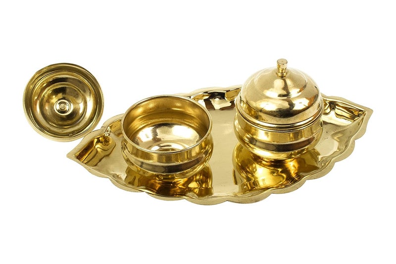 Putrika Traditional Handcrafted Brass Thali Haldi kumkum Chandhan Holder Stand Plate with Lid for Pooja Puja Worship Oval 2 BowlSmall Leaf - Image 1