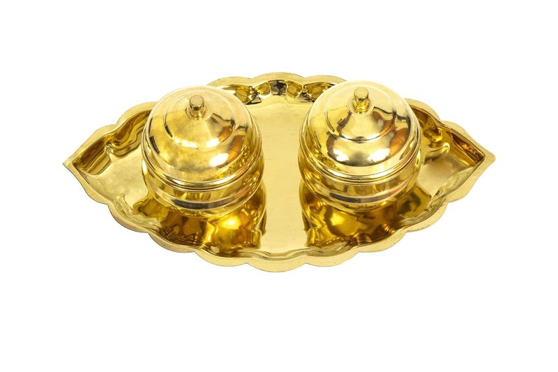 Putrika Traditional Handcrafted Brass Thali Haldi kumkum Chandhan Holder Stand Plate with Lid for Pooja Puja Worship Oval 2 BowlSmall Leaf - Image 2