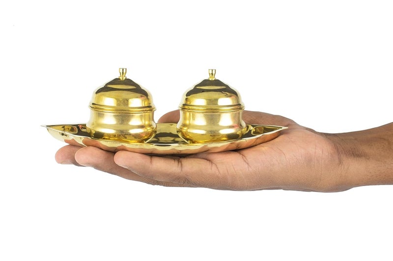 Putrika Traditional Handcrafted Brass Thali Haldi kumkum Chandhan Holder Stand Plate with Lid for Pooja Puja Worship Oval 2 BowlSmall Leaf - Image 5