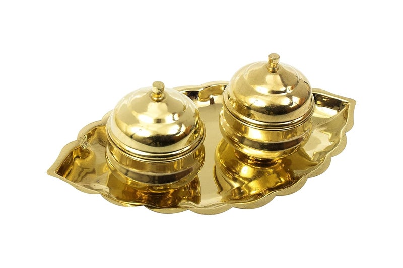 Putrika Traditional Handcrafted Brass Thali Haldi kumkum Chandhan Holder Stand Plate with Lid for Pooja Puja Worship Oval 2 BowlSmall Leaf - Image 3