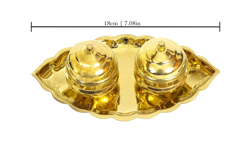 Putrika Traditional Handcrafted Brass Thali Haldi kumkum Chandhan Holder Stand Plate with Lid for Pooja Puja Worship Oval 2 BowlSmall Leaf - Image 4