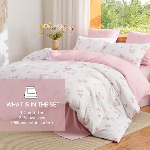 Erwinmu Floral Comforter Set Queen Size - 3 Pieces Pink White Floral Tulips Bow Comforter Bedding Sets Reversible Pattern,Queen Bed in a Bag with Flowers Comforter and 2 Pillowcases - Image 4