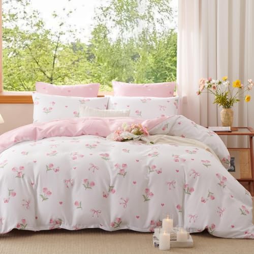 Erwinmu Floral Comforter Set Queen Size - 3 Pieces Pink White Floral Tulips Bow Comforter Bedding Sets Reversible Pattern,Queen Bed in a Bag with Flowers Comforter and 2 Pillowcases - Image 1