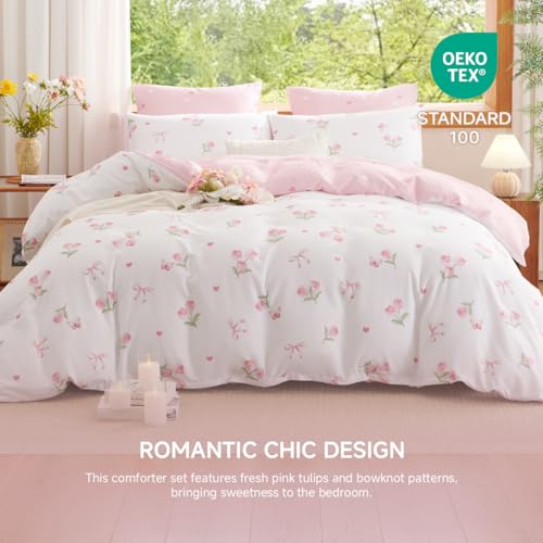 Erwinmu Floral Comforter Set Queen Size - 3 Pieces Pink White Floral Tulips Bow Comforter Bedding Sets Reversible Pattern,Queen Bed in a Bag with Flowers Comforter and 2 Pillowcases - Image 3
