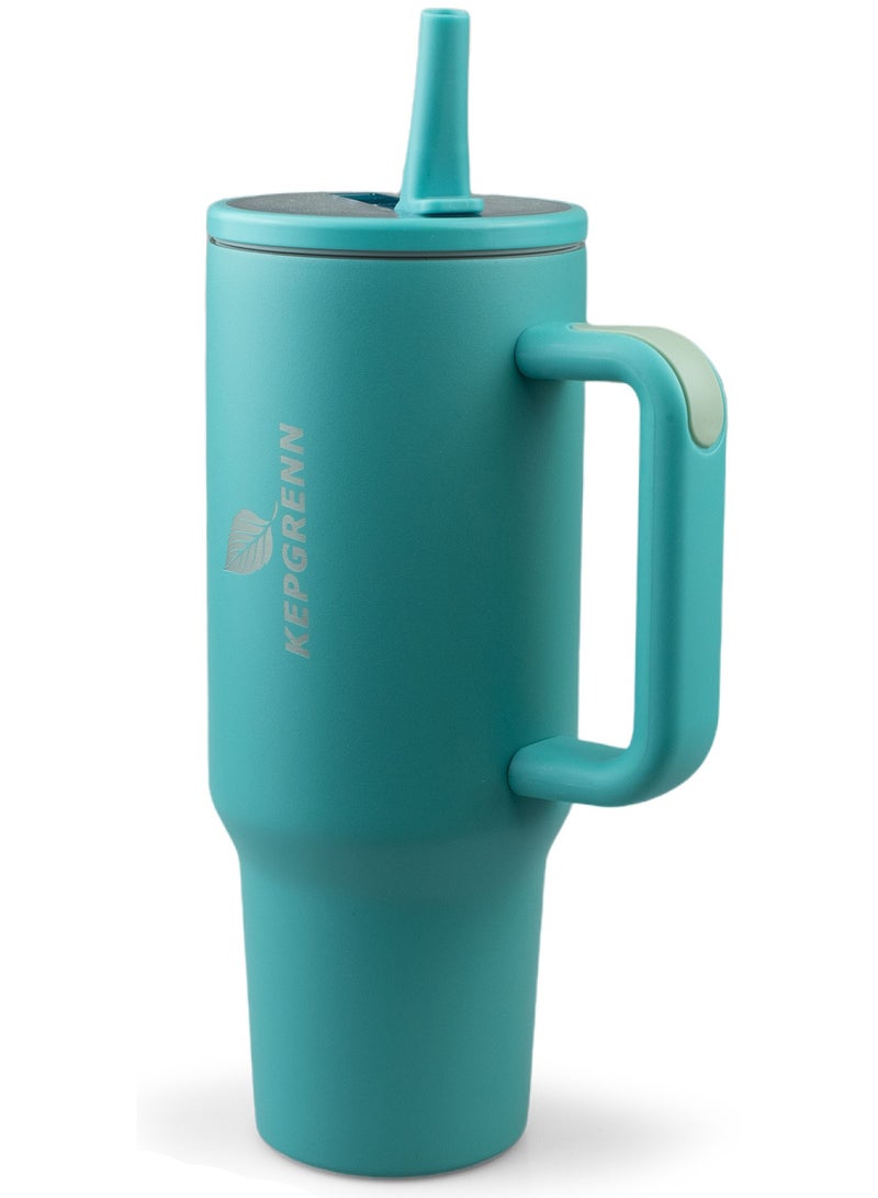 1.2L Vacuum Insulated Stainless Steel Tumbler – Large Thermal Travel Mug with Leak-Proof Lid, Foldable Straw, Non-Slip Handle, Hot & Cold Drink Cup for Coffee, Tea, Water (Lake Blue) - Image 2