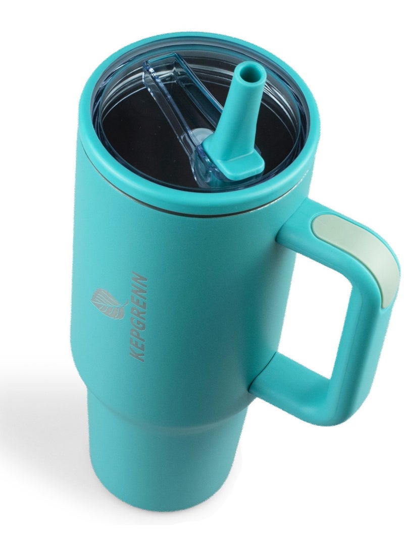1.2L Vacuum Insulated Stainless Steel Tumbler – Large Thermal Travel Mug with Leak-Proof Lid, Foldable Straw, Non-Slip Handle, Hot & Cold Drink Cup for Coffee, Tea, Water (Lake Blue) - Image 3
