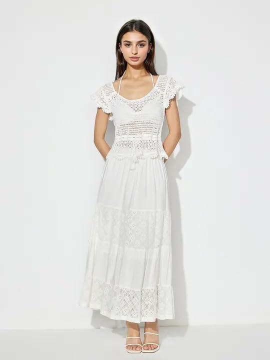 ICW Women's Knitted Short Sleeve Transparent Sheer Crochet Hollow Out Crop Top T-Shirt Bohemian Blouses,Holiday Outfit 455 (in, Alpha, XS, Regular, White) - Image 4