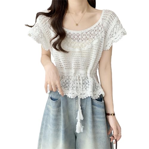 ICW Women's Knitted Short Sleeve Transparent Sheer Crochet Hollow Out Crop Top T-Shirt Bohemian Blouses,Holiday Outfit 455 (in, Alpha, XS, Regular, White) - Image 5