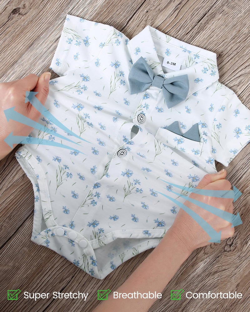 YALLET Baby Boy Clothes Set Infant Tuxedo Gentleman Suit Outfits Formal Dress Shirt + Beret Hat + Suspender Pants + Bowtie(Short Sleeved White Flower, 0-3 Months) - Image 4