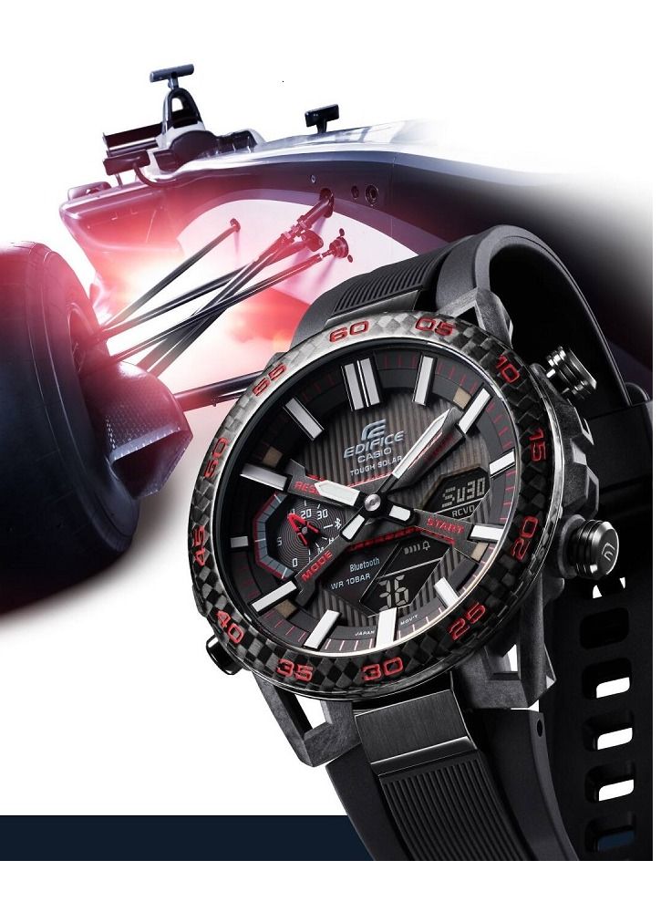 كاسيو ساعة كاسيو للرجال Edifice Suspension وصلة هاتف ذكي تعمل بالطاقة الشمسية مينا أسود بسوار راتنج حافظة كربون ECB-2000PB-1ADF - Image 5