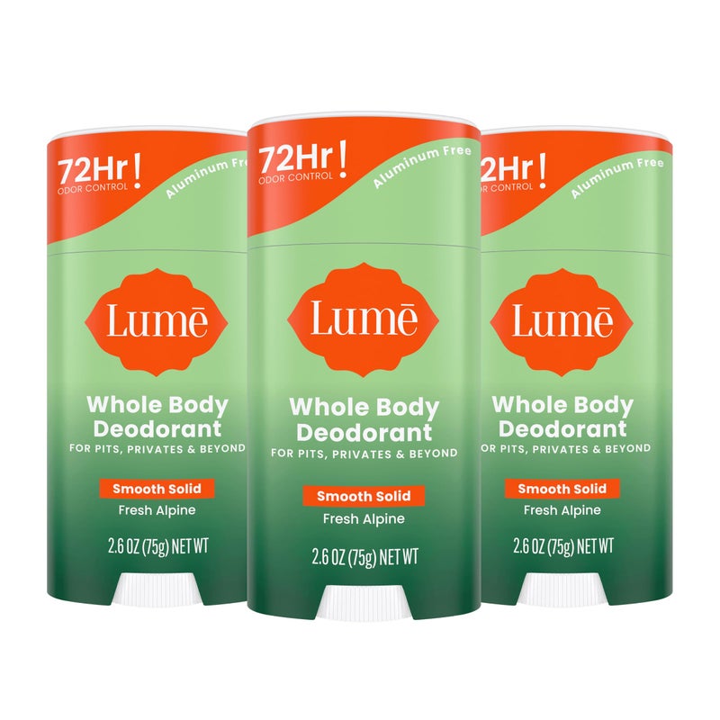 Lume Whole Body Deodorant  Smooth Solid Stick  72 Hour Odor Control  Aluminum Free Baking Soda Free and Skin Loving  26 Ounce Pack of 3 Fresh Alpine