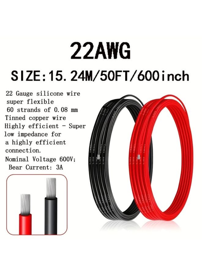 22AWG 50 قدم سلك سيارة أحمر وأسود كابل نحاسي مطفأ مرن مقاوم للحرارة العالية - Image 1
