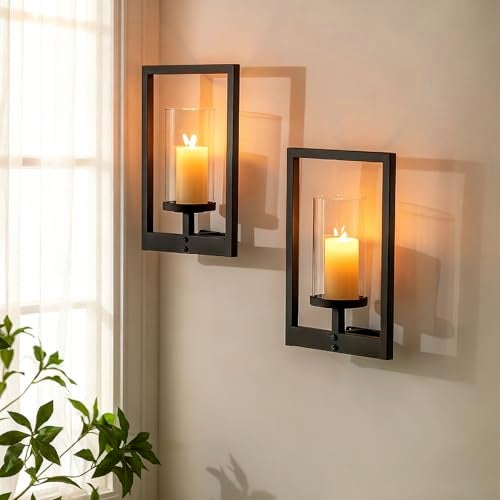 Walasis Black Candle Sconces Wall Decor: Set of 2 Metal Morden Style Frame Wall Candle Holder with Hurricane - Wall Mounted Minimalism Decorations for Living Room Hallway - Image 4